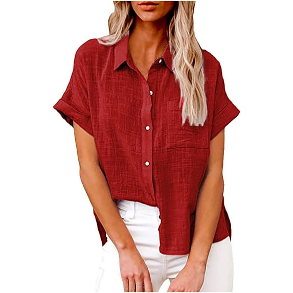 FAVIPT Womens Linen T Shirt Tops Casual Dressy Summer 2025 Tops Roll Up Short Sleeve Buttons T Shirt Plain Collared V Neck Gauze Blouses with Pocket Red,L