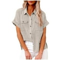 thumbnail image 1 of FAVIPT Womens Linen Tops And Blouses Casual Dressy Summer 2025 Tops Roll Up Short Sleeve Buttons T Shirt Plain Collared V Neck Gauze Blouses with Two Pockets Khaki,S, 1 of 8