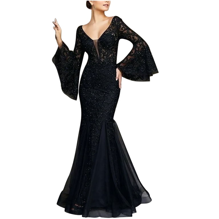 FAVIPT Womens Long Sleeve Glitter Mermaid Dress Mesh Deep V Neck Flare Sleeves Bodycon Embroidery Wedding Evening Party Gown - Walmart.com FAVIPT Womens Long Sleeve Glitter Mermaid Dress Mesh Deep V Neck Flare Sleeves Bodycon Embroidery Wedding Evening Party Gown - Walmart.com