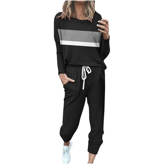 FAVIPT Womens Matching Jogger Sets 2 Piece Color Block Tracksuit Lounge Set Long Sleeve Crewneck Tops and Long Pants Sweatsuits with Pockets 2025 Black,XL