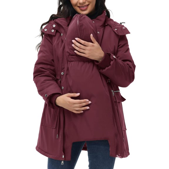 FAVIPT Womens Maternity Coats Thickened Quilted 3 in 1 Puffer Jacket Fleece Lined Winter Warm Hooded Outwear with Pockets Red,S