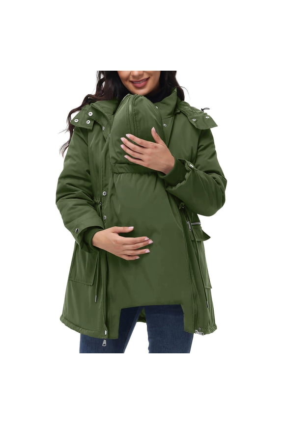 Womens Maternity Hooded Coats 3 in 1 Thickened Quilted Jackets Fleece Winter Warm Full Zip Outwear with Baby Wearing Pouch Green,M