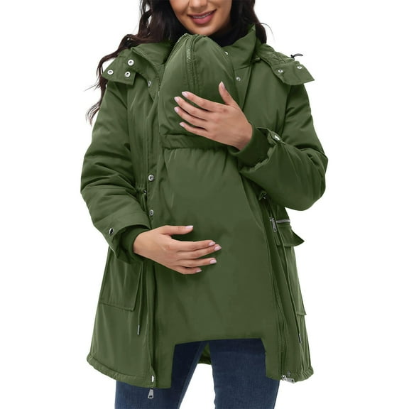 FAVIPT Womens Maternity Hooded Coats 3 in 1 Thickened Quilted Jackets Fleece Winter Warm Full Zip Outwear with Baby Wearing Pouch Green,M
