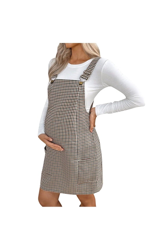 Womens Maternity Overall Dress Summer Gingham Adjustable Strap Sleeveless Pregnant Jumper Dress Casual Pregnancy Skirt Khaki,S
