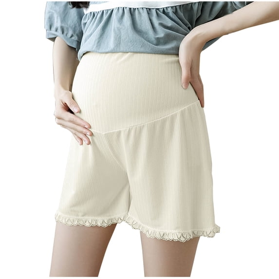 FAVIPT Womens Maternity Shorts Plus Size Ice Silk Over Belly Lace Hem Ribbed Shorts Solid Lightweight Anti-Chafing Short Pants Beige,M