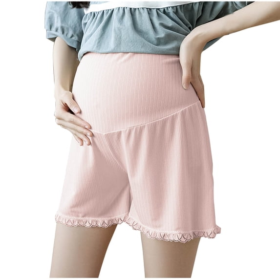 FAVIPT Womens Maternity Shorts Plus Size Ice Silk Over Belly Lace Hem Ribbed Shorts Solid Lightweight Anti-Chafing Short Pants Pink,XL