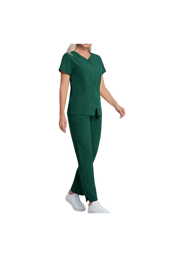 Womens Nurse Scrub Set Short Sleeve Zipped Blouses Stretch Pant Scrub Uniform with Pockets Green,XL
