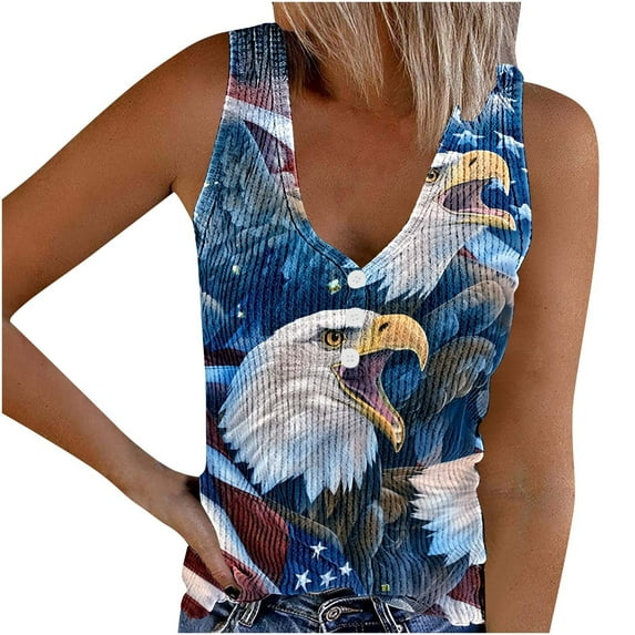 FAVIPT Womens Patriotic Tank Top Casual Dressy Summer 2025 Tunic Tees Sleeveless Button Up V Neck Blouses 4th of July Print Slim Fit Tops Multicolor,S