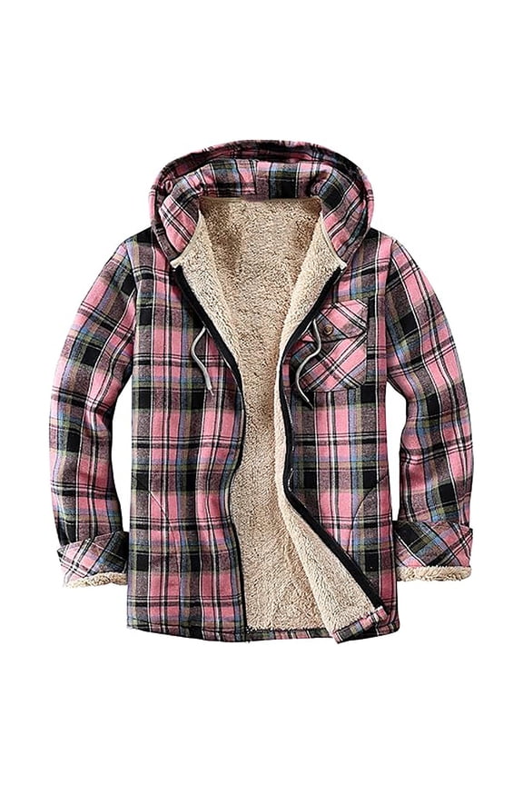 Womens Plaid Coat with Sherpa Lining Zip Up Coats Fuzzy Cozy Long Sleeve Pockets Hoodies Casual Winter Warm Shacket Pink,L
