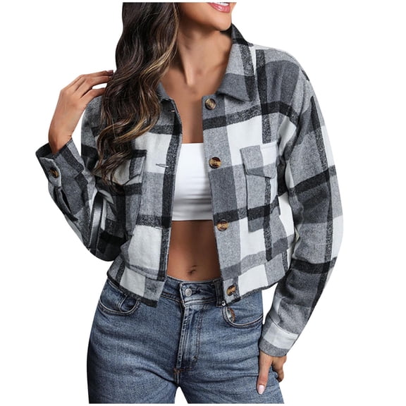 FAVIPT Womens Plaid Crop Jacket Button Down Casual Fashion Shirts Long Sleeve Turn Down Collar Tops Fall Winter Pockets Soft Outerwear Gray,M