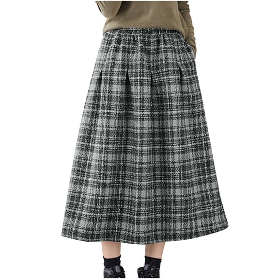 FAVIPT Womens Pleated Plaid Wool Skirt High Elastic Waist Vintage Outfits A-Line Casual Fall Midi Skirt with Pockets Gray,XXL