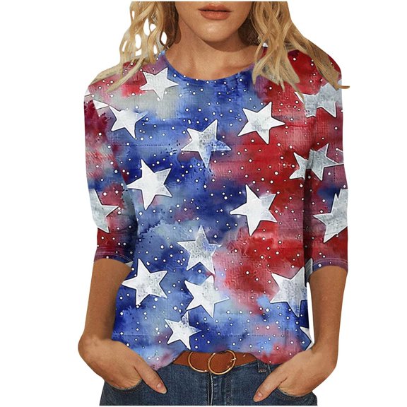 FAVIPT Womens Plus Fourth of July Shirt Casual Summer 2025 Comfy Tunic Tees 3/4 Length Sleeve Crew Neck Blouses Independence Day Print Tops Multicolor,M