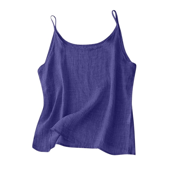 FAVIPT Womens Plus Linen Tops Solid Color Spaghetti Strap Camisole Crew Neck Casual Trendy Undershirts Breathable Summer 2025 Tank Tops Blue,M