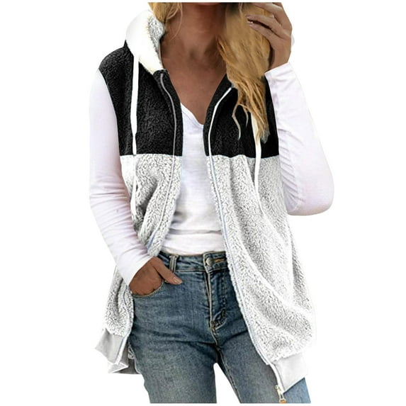 FAVIPT Womens Plus Sherpa Vest Sleeveless Zip Up Color Block Outerwear Casual Fall Winter 2025 Warm Fleece Hoodies with Pockets Black,XXXXXL