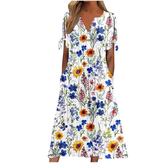 FAVIPT Womens Plus Size Boho Eyelet Dress Short Sleeve Retro Floral Print Midi Dresses Button V Neck Summer Sundress with Pockets Multicolor,XXXL