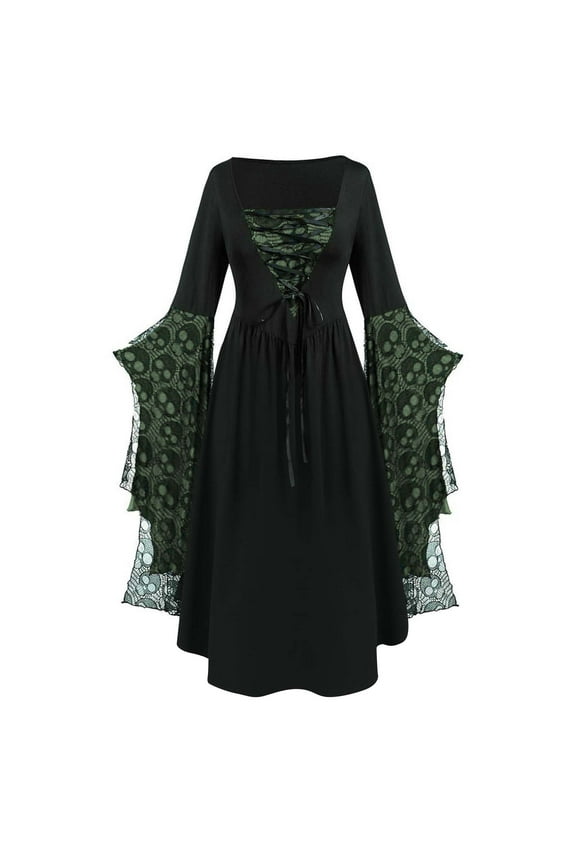 Womens Plus Size Halloween Dress Lace Up Batwing Long Sleeve Printing Costumes Medieval Cosplay Party Dresses Bandage Boat Neck Corset Dress Green,S