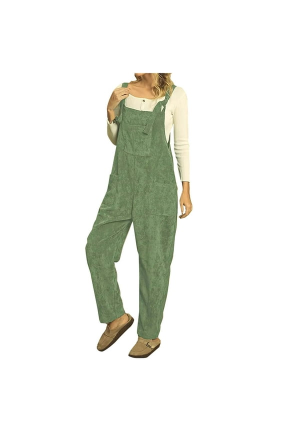 Womens Plus Size Jumpsuits Adjustable Tie Knot Maternity Bib Overalls Casual Corduroy Wide Leg Loose Rompers with Pockets Green,S