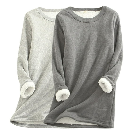 FAVIPT Womens Plus Size Lined Sweatshirt Winter Soft Sherpa Fleece Pullover Crewneck Solid Color Sweatshirts Thermal Warm Loungewear Tunic Tops Pack of 2 Dark Gray,XXL