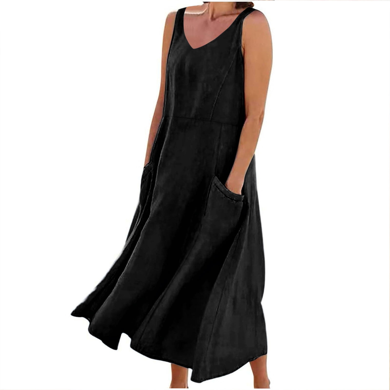 knee length dresses for ladies Rida Black Linen Plain High Neck Dress – House Of Haniya main image 0