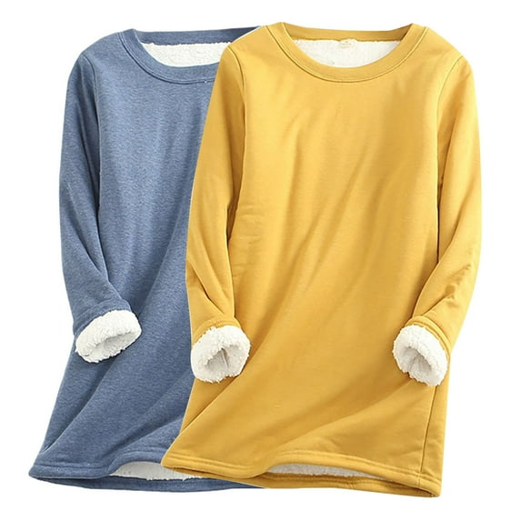 FAVIPT Womens Plus Size Sherpa Lined Sweatshirt Winter Soft Fleece Pullover Crewneck Solid Color Sweatshirts Thermal Warm Loungewear Tunic Tops Pack of 2 Yellow,L