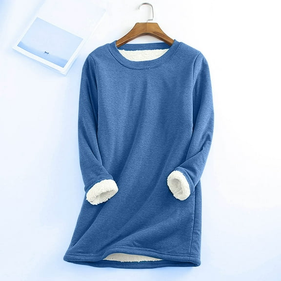FAVIPT Womens Plus Size Sherpa Sweatshirt Winter Soft Fleece Lined Pullover Crewneck Solid Color Sweatshirts Thermal Warm Loungewear Tunic Tops 2024 Blue,XL