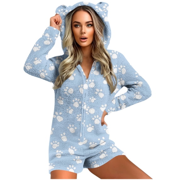FAVIPT Womens Plush Jumpsuit Fleece Sherpa Hooded Pajamas Shorts Plush Winter Cozy Loungewear Cute Printed Zipper One Piece Sleepwear 2025 Light Blue,M