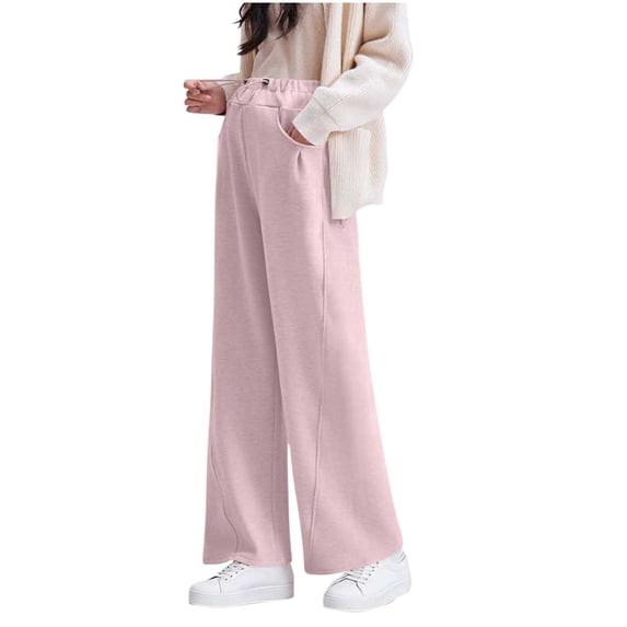 FAVIPT Womens Postpartum Pants Over The Belly Elastic Waist Pants Solid Straight Wide Leg Pant with Drawstring Pink,XL