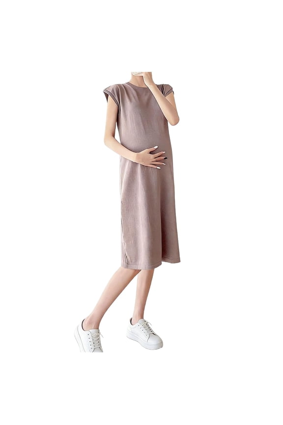 Womens Postpartum Summer Dress Column Cap Sleeve Crewneck Maternity Dress Casual Solid Loose Pregnancy Skirt Coffee,XXL