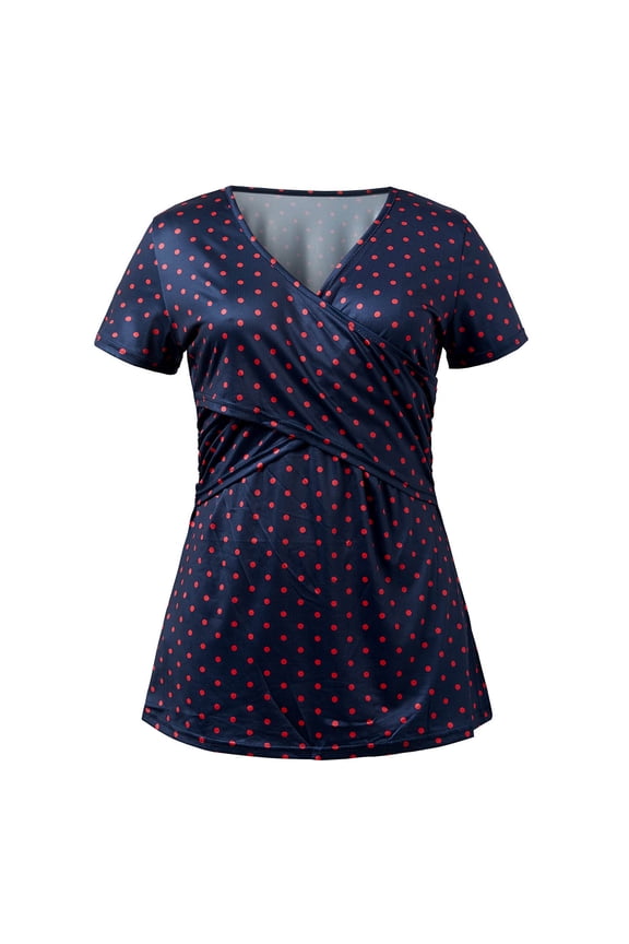 Womens Pregnant Shirts Polka Dots Wrap Ruched Short Sleeve V-Neck Breastfeeding Blouse Casual Loose Postpartum Tee Navy,S