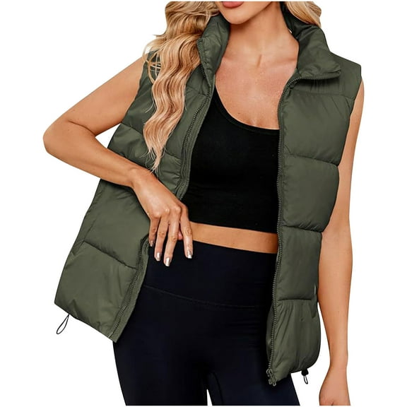 FAVIPT Womens Puffer Vest Quilted Lightweight Winter Warm Jacket Zip Up Stand Collar Gilet Coats Sleeveless Padded Pockets Outerwear Army Green,L