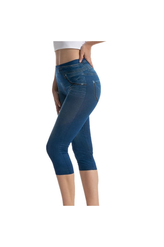 Womens Pull On Capri Jeggings High Waisted Butt Lifting Cropped Pants Slim Fitted Skinny Cowboy Faux Jeans Blue,S