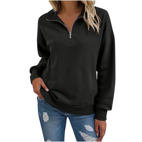 FAVIPT Womens Quarter Zip Pullover with Pockets Lightweight Soft Pullover Long Sleeve Lapel Solid Tops 2025 Fall Fashion Outfits Black,M