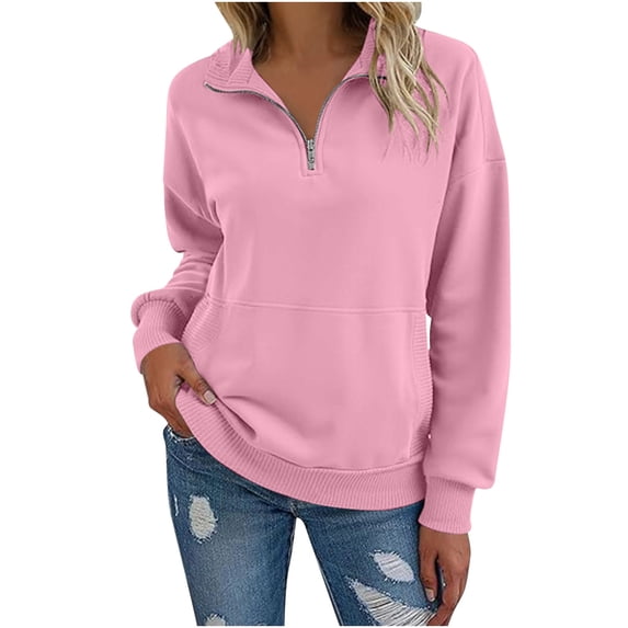 FAVIPT Womens Quarter Zip Pullover with Pockets Lightweight Soft Pullover Long Sleeve Lapel Solid Tops 2025 Fall Fashion Outfits Pink,L