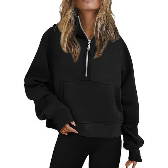 FAVIPT Womens Quarter Zip Sweatshirts Trendy 2024 Sweatshirts Half Zip Cropped Pullover Fleece Sweater Plus Size Basic Solid Color Fall Sweatshirt with Thumb Hole for Teen Girl Trendy Black,XL