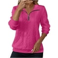 thumbnail image 1 of FAVIPT Womens Quilted Sweatshirt Quarter Zip Lapel Plain Tops Small Dough Twists Jacquard Pullover Long Sleeve Casual Loose Pockets Outfits Hot Pink,S, 1 of 6