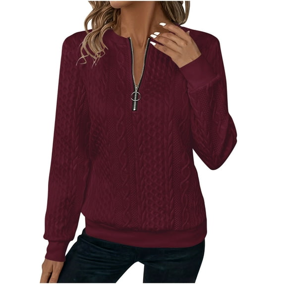 FAVIPT Womens Quilted Zip Up Sweatshirt Small Dough Twists Textured Pullover Long Sleeve Crew Neck Tops Casual Loose Fall Fashion Outfits 2025 Wine,L