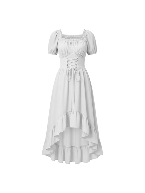 Womens Renaissance Corset Dress Lace Up High Low Short Sleeve Maxi Dresses Ruffle Hem Square Neck Medieval Halloween Costume White,S