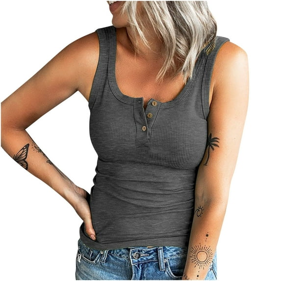 FAVIPT Womens Ribbed Tank Tops Sleeveless Scoop Neck Shirts Solid Color Button Up Workout Blouses Slim Fit Summer 2025 Tees Gray,XL