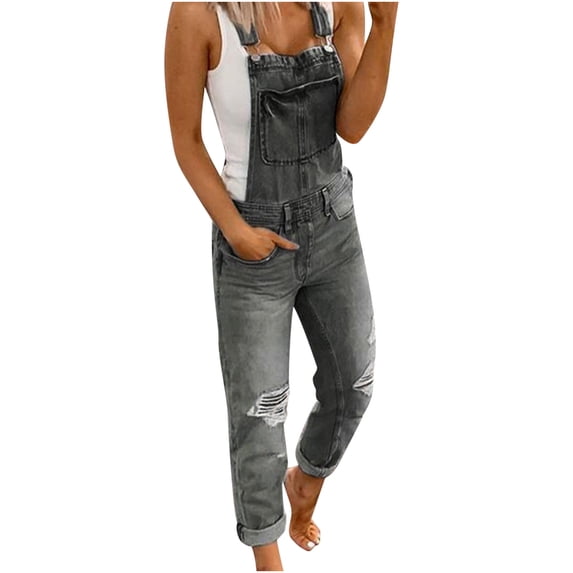 FAVIPT Womens Ripped Denim Bib Overalls Fashion Jean Bib Overalls Adjustable Straps Ripped Distressed Denim Denim Pants 2025 Gray,XL