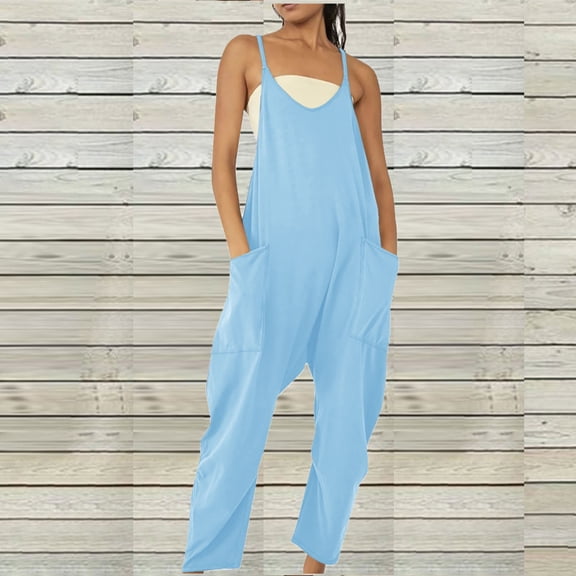 FAVIPT Womens Rompers and Jumpsuits Summerens Summer Cothles On Clearance,Casual Sleeveless Jumpsuits for Women Adjustable Spaghetti Strap Overalls Long Pants Rompers with Pockets