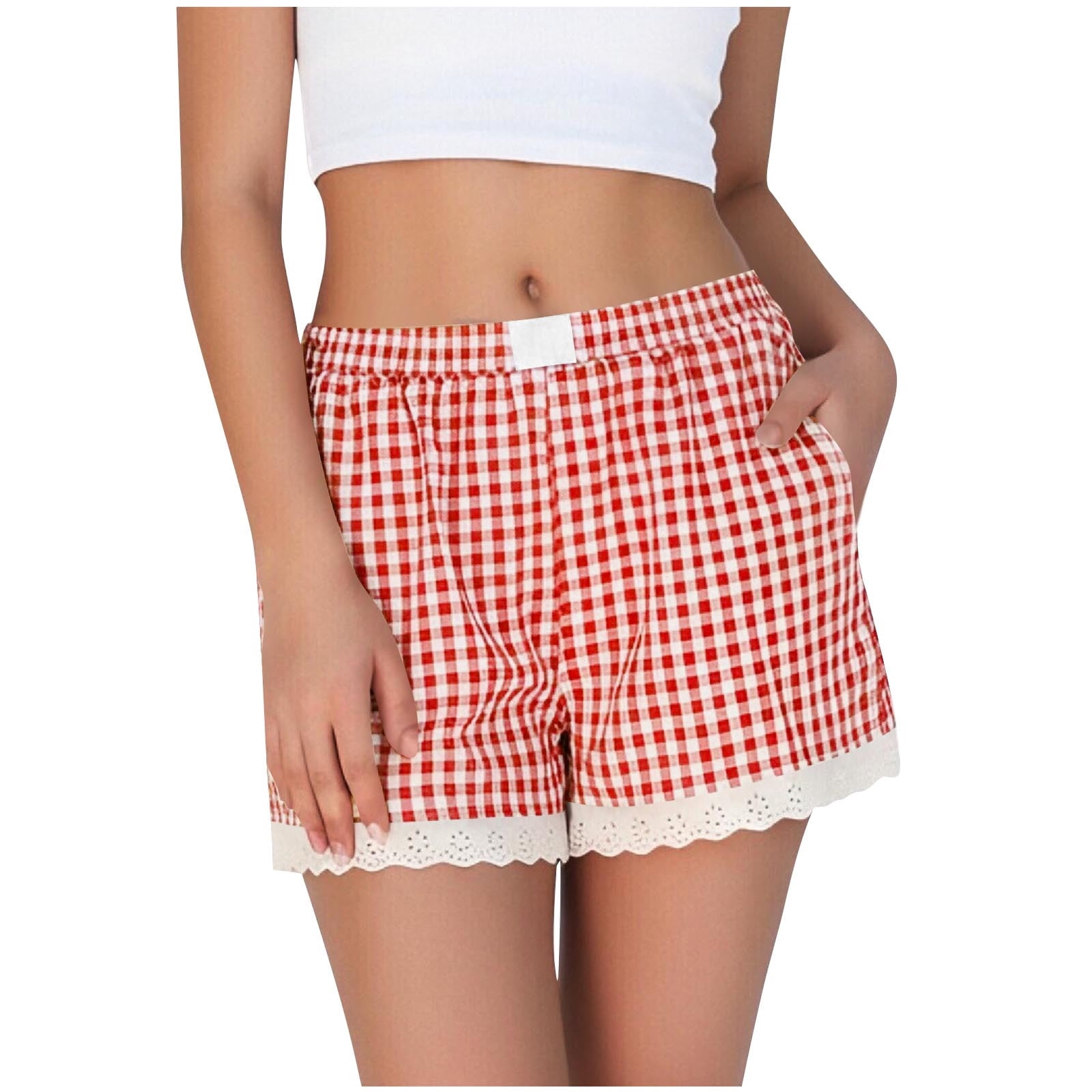 FAVIPT Womens Ruffle Lace Shorts Cotton Summer Plaid Pajama Bottoms Y2K ...