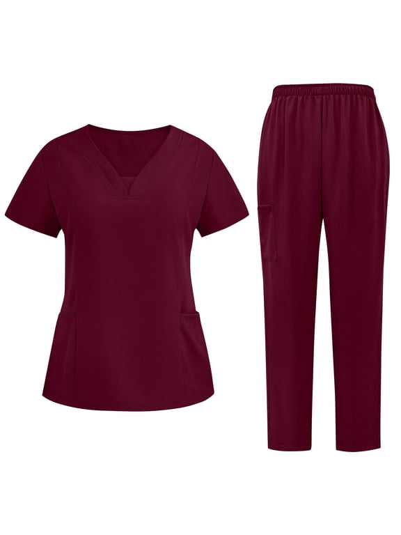 Womens Scrub Sets Nursing Uniforms Scrubs Sets Short Sleeve V Neck Stretch Scrub Top Elastic Waist Scrub Pant with Multi Pockets 2025 Wine,L