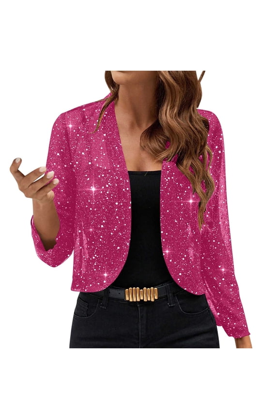 Womens Sequin Bolero Shrug Cropped Cardigan Long Sleeve Shiny Sparkly Shrug Party Glitter Open Front Jackets Hot Pink,M