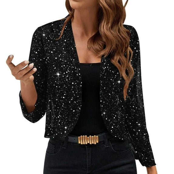 FAVIPT Womens Sequin Crop Cardigan Cropped Cardigan Long Sleeve Shiny Sparkly Shrug Party Glitter Open Front Jackets Black,M