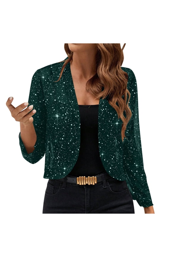 Womens Sequin Crop Jacket Open Front Long Sleeve Fashion Blazer Bolero Shrugs Mesh Glitter Evening Party Cardigan Green,S