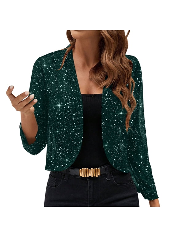 Womens Sequin Crop Jacket Open Front Long Sleeve Fashion Blazer Bolero Shrugs Mesh Glitter Evening Party Cardigan Green,S