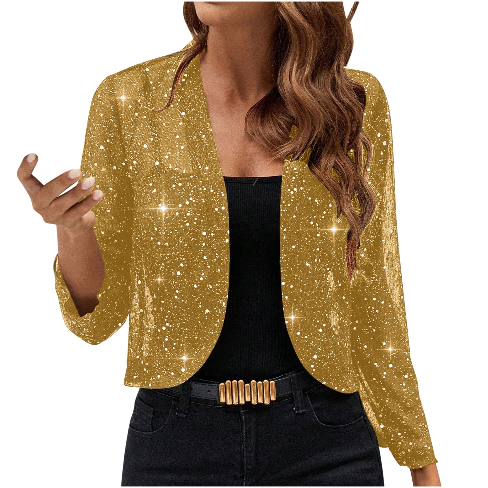 Favipt Womens Sequin Crop Jacket Open Front Thin Blazer Fashion Bolero Shrugs Mesh Glitter Cardigan for Evening Dress Yellow,XL