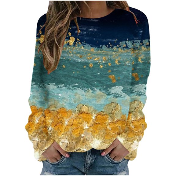 Lightweight Long Sleeve Tops for Women Blouses for Women Casual,Fashion Print Pullover Long Sleeve Shirt Loose O Neck Tunic Cute Plus Size Clothes Cotton Womens Clothing