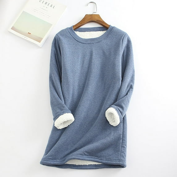 FAVIPT Womens Sherpa Lined Fleece Crewneck Sweatshirt Pullover Winter Warm Loungewear Tunic Tops Plush Long Sleeve Sweaters Blue M
