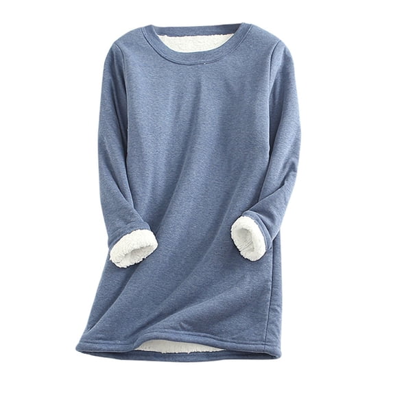 FAVIPT Womens Sherpa Lined Sweatshirts Fleece Round Neck Pullover Loungewear Long Sleeve Basic Tunic Top Winter Thermal Top Blue S